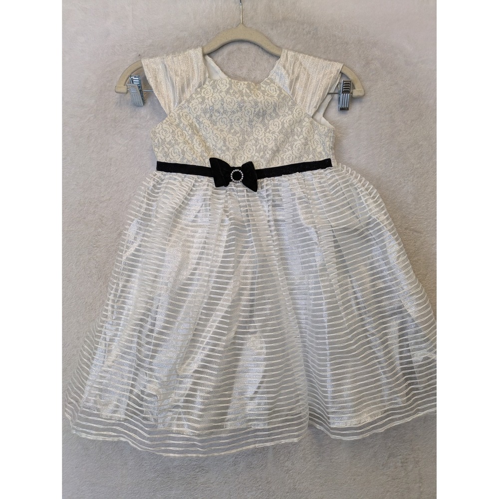 Jona Michelle Party Dress Girl's‎ 5 White Silver Metallic Lace Mesh Bow
